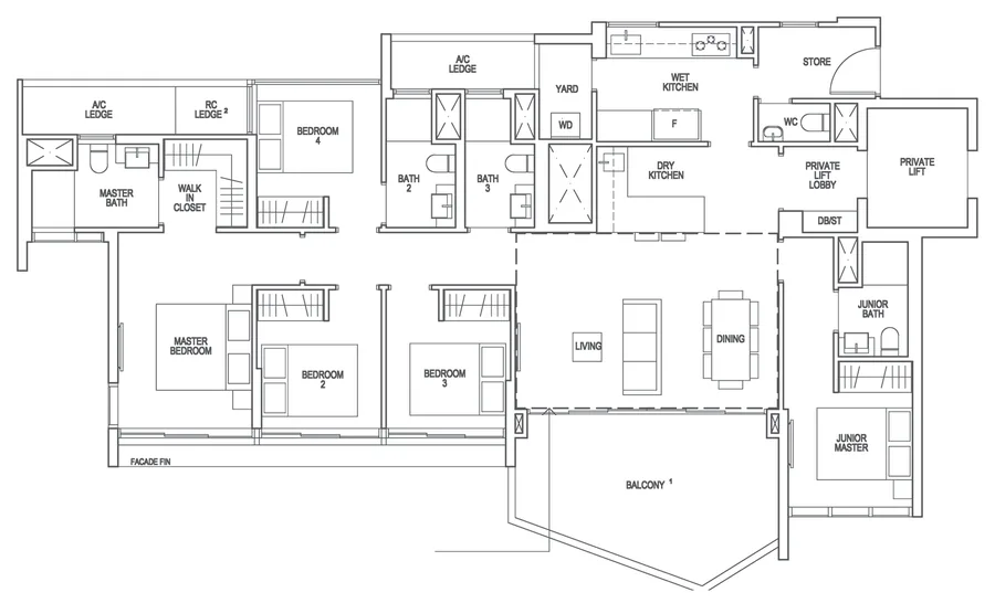 Floor plan of Riverfront Residences type E1, 5-Bedroom Premium, 1,679 sq ft