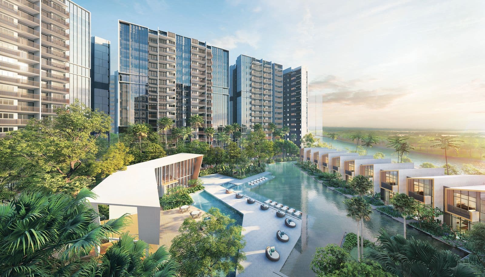 Artist's impression of Riverfront Residences: the pool and clubhouse between the 17-storey blocks and the row of strata terrace houses, with Sungei Serangoon beyond