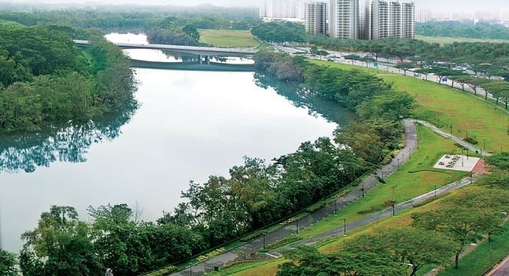 Riversails: the condo’s towers seen across the river and its park connector