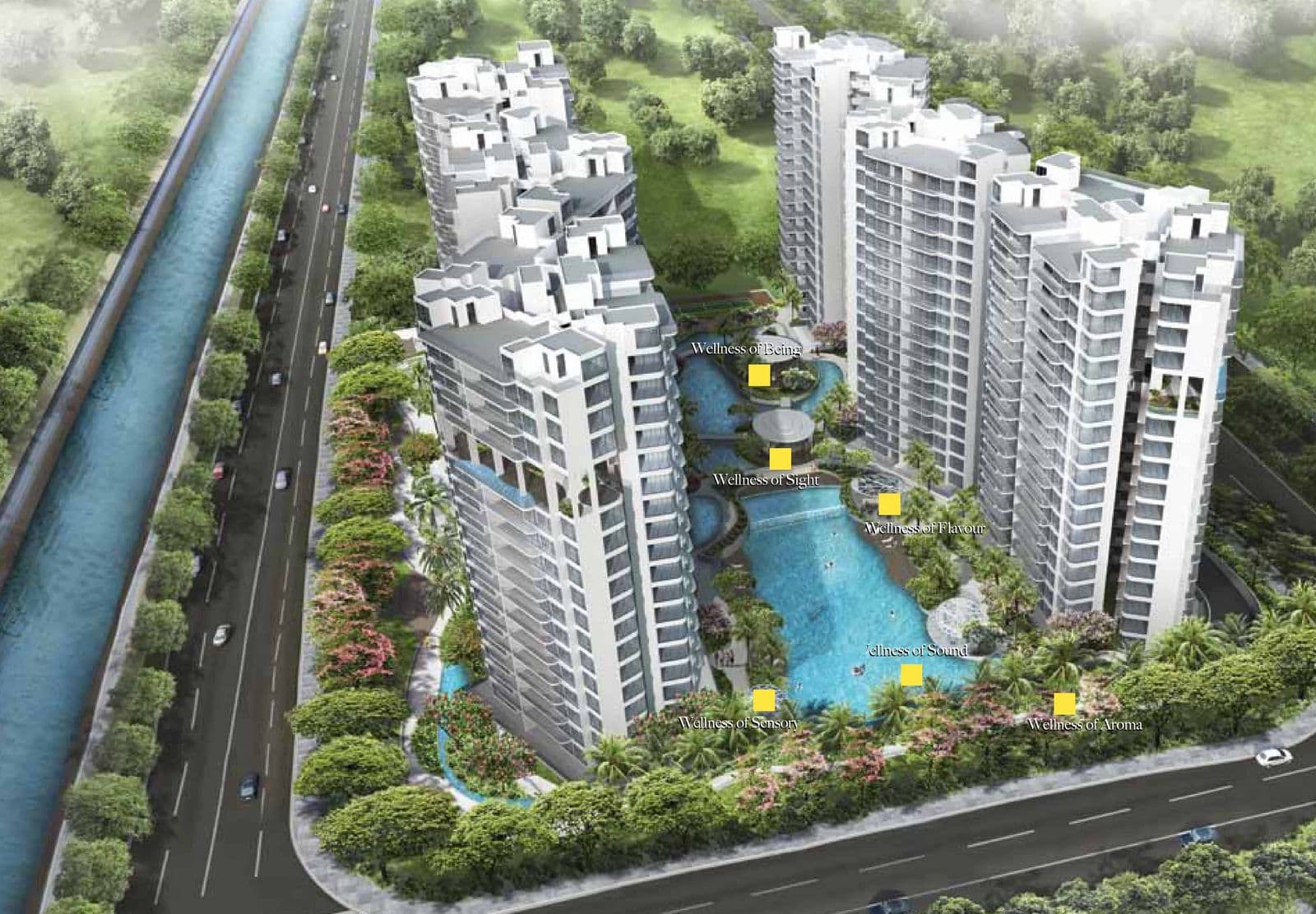 Artist's impression of Riversound Residence from the air: six white 17-storey blocks in two rows around a long pool and lagoon, beside Sengkang East Drive and Sungei Serangoon