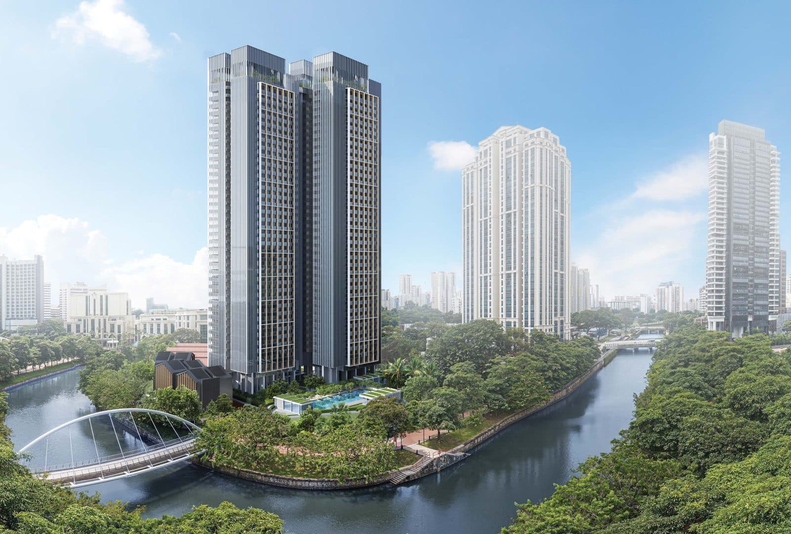 Artist's impression of Rivière: two slim 36-storey towers on a bend of the Singapore River, with the conserved warehouses, the lap pool and the Jiak Kim Bridge at their foot