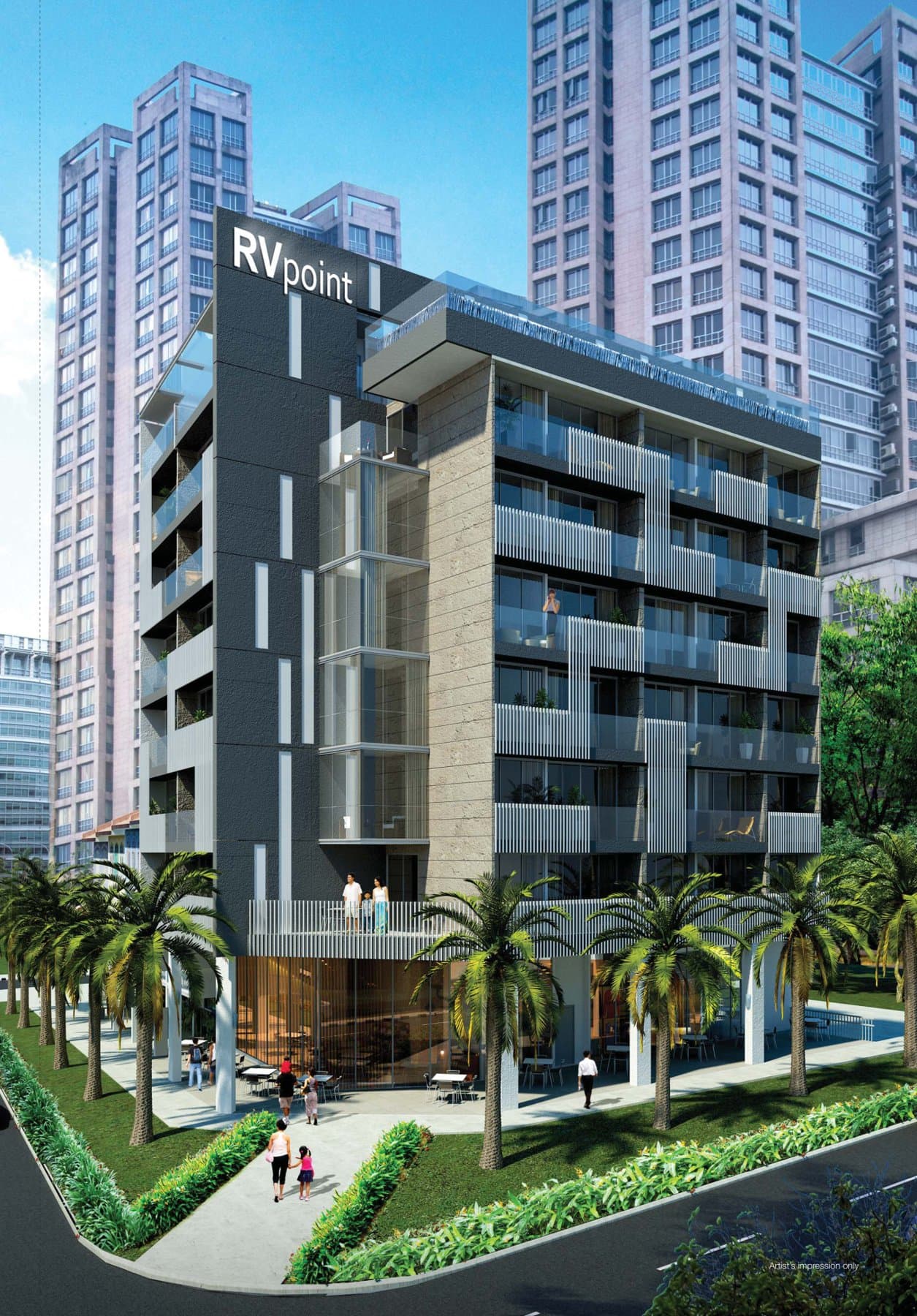 RV Point: a slim 7-storey block with shops below at River Valley Road and Mohamed Sultan Road