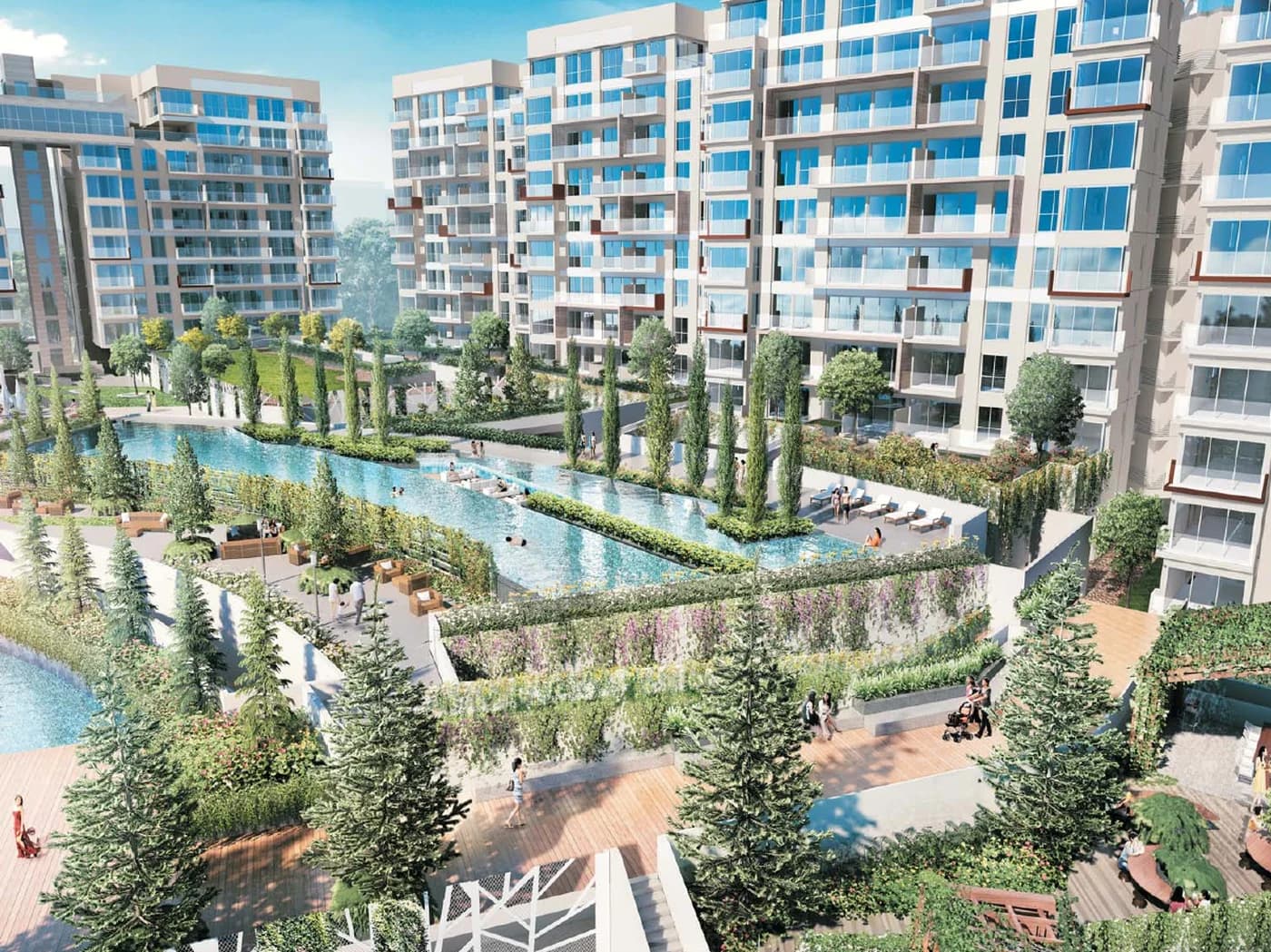 Sea Horizon: blocks around the long pools and terraced gardens at Pasir Ris Rise