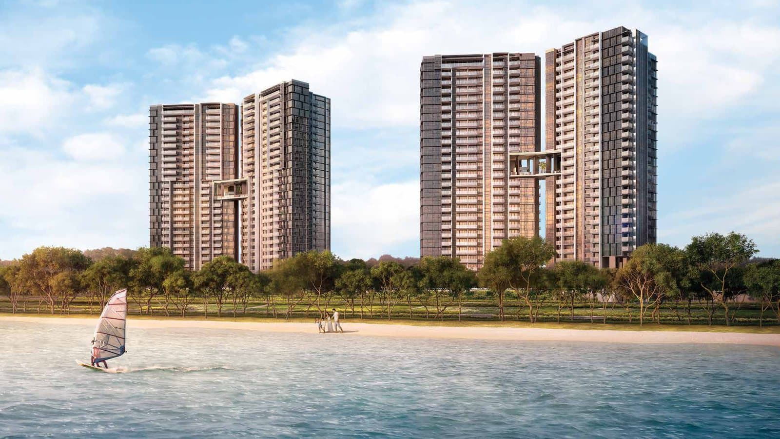 Artist's impression of Seaside Residences from the sea off East Coast Park: four 27-storey towers in two pairs, each pair joined by a sky terrace