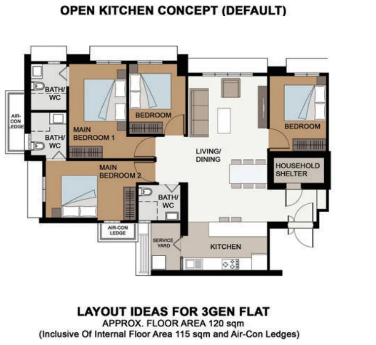 HDB floor plan of a 3Gen flat at Senja Ridges, about 120 sqm