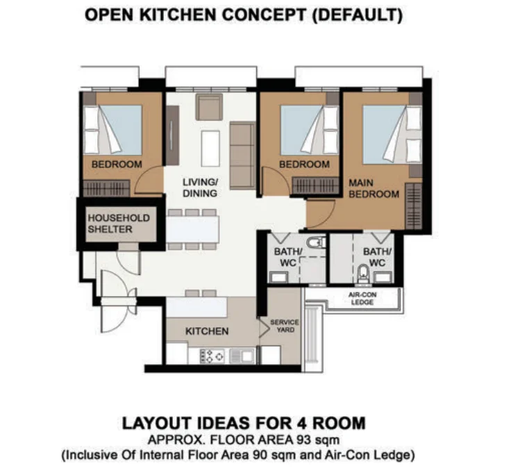 HDB floor plan of a 4-room flat at Senja Ridges, about 93 sqm