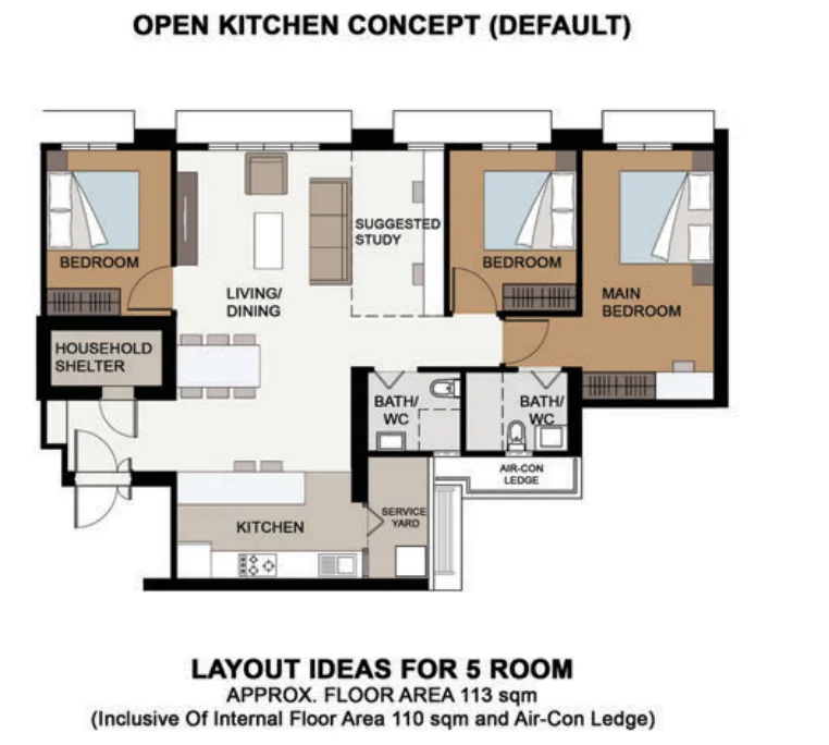 HDB floor plan of a 5-room flat at Senja Ridges, about 113 sqm