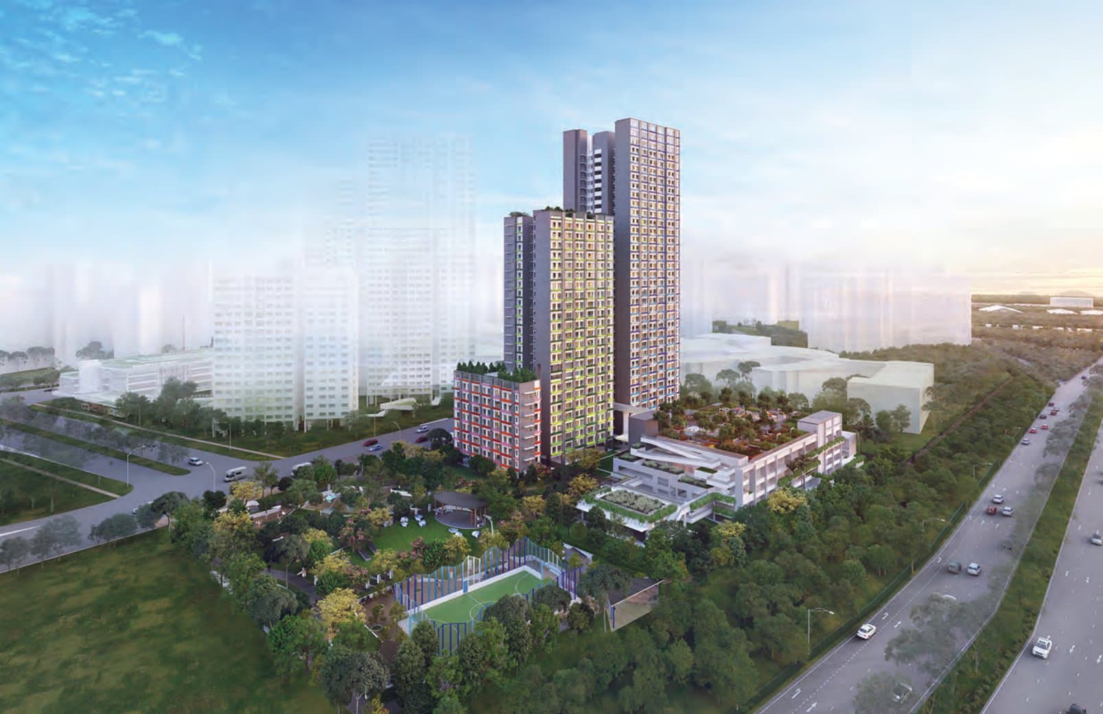 Artist’s impression of Senja Ridges: one HDB block stepping up from 8 to 24 to 33 storeys with colourful window frames, beside a park, a futsal pitch and the Kranji Expressway