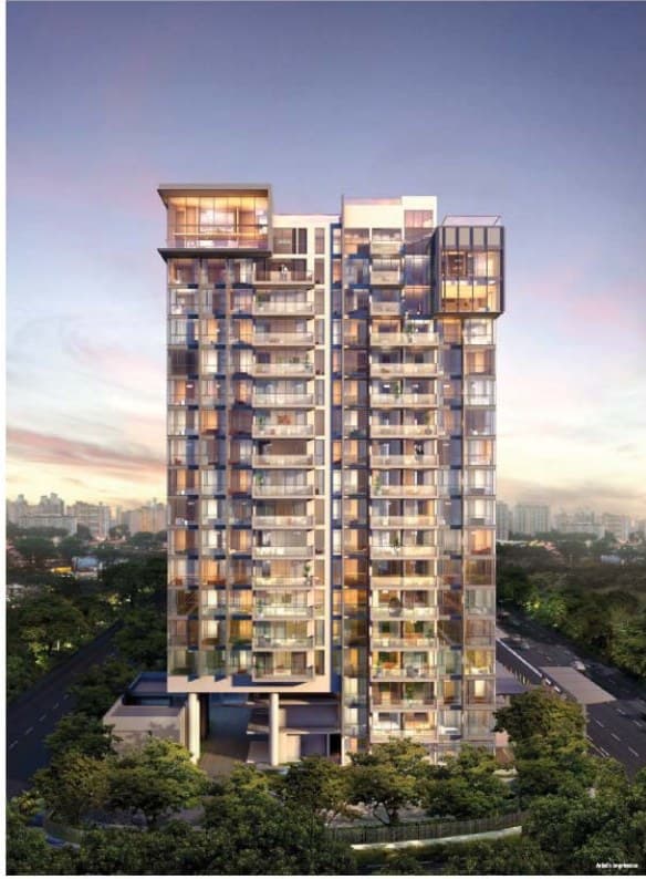 Sennett Residence, artist's impression: one of the towers with its penthouses on top, at dusk