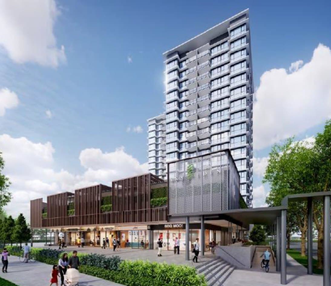 Artist's impression of Shoppes @ Sky Eden: a row of ground-floor shops under timber screens at the foot of the Sky Eden @ Bedok tower