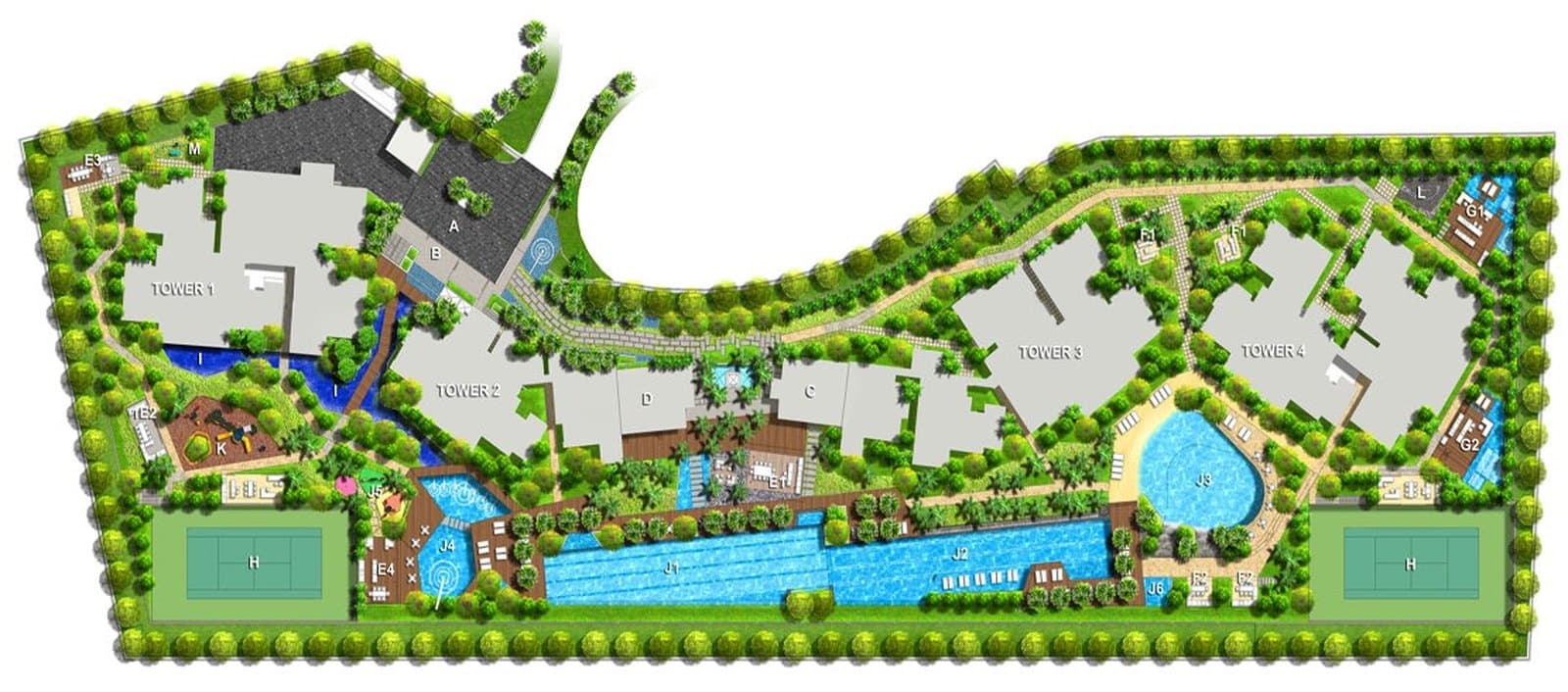 Amenities plan of Silversea from above: Towers 1 to 4 in a row along the pools, with the tennis courts at either end