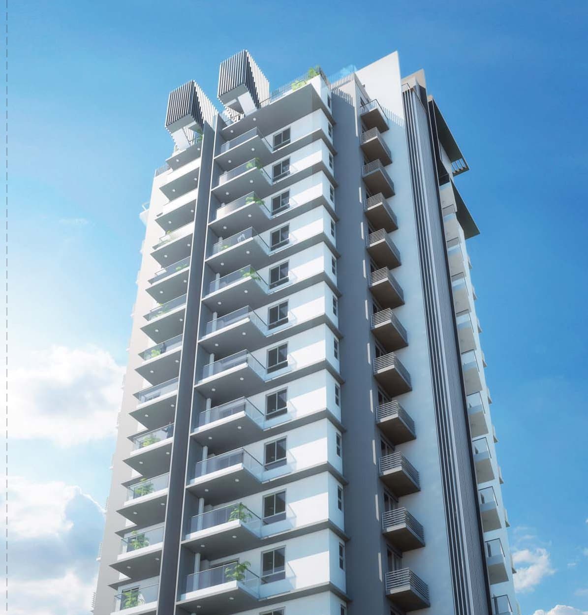 Sims Edge: the 16-storey tower with its balconies stacked up the front, against a blue sky