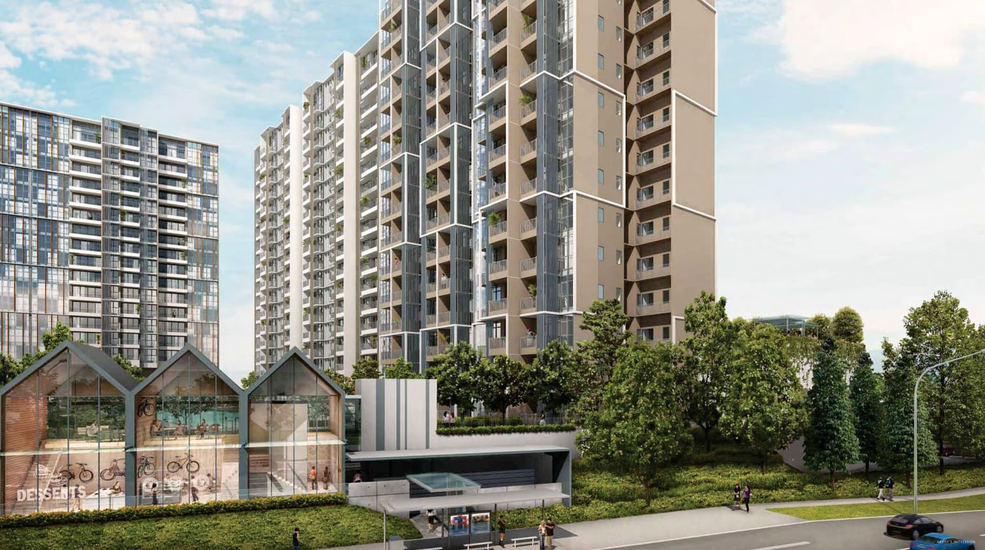 Artist's impression of Sims Urban Oasis: towers rising behind the glass-roofed shops on Sims Drive
