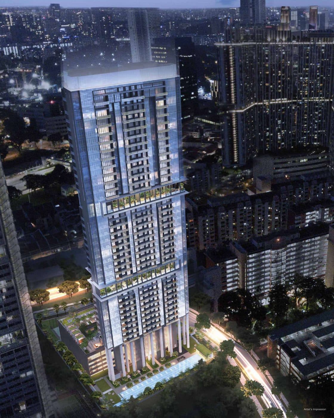 Artist's impression of Sky Everton at night: the 36-storey tower above Everton Road, its sky gardens lit, the pool at its foot