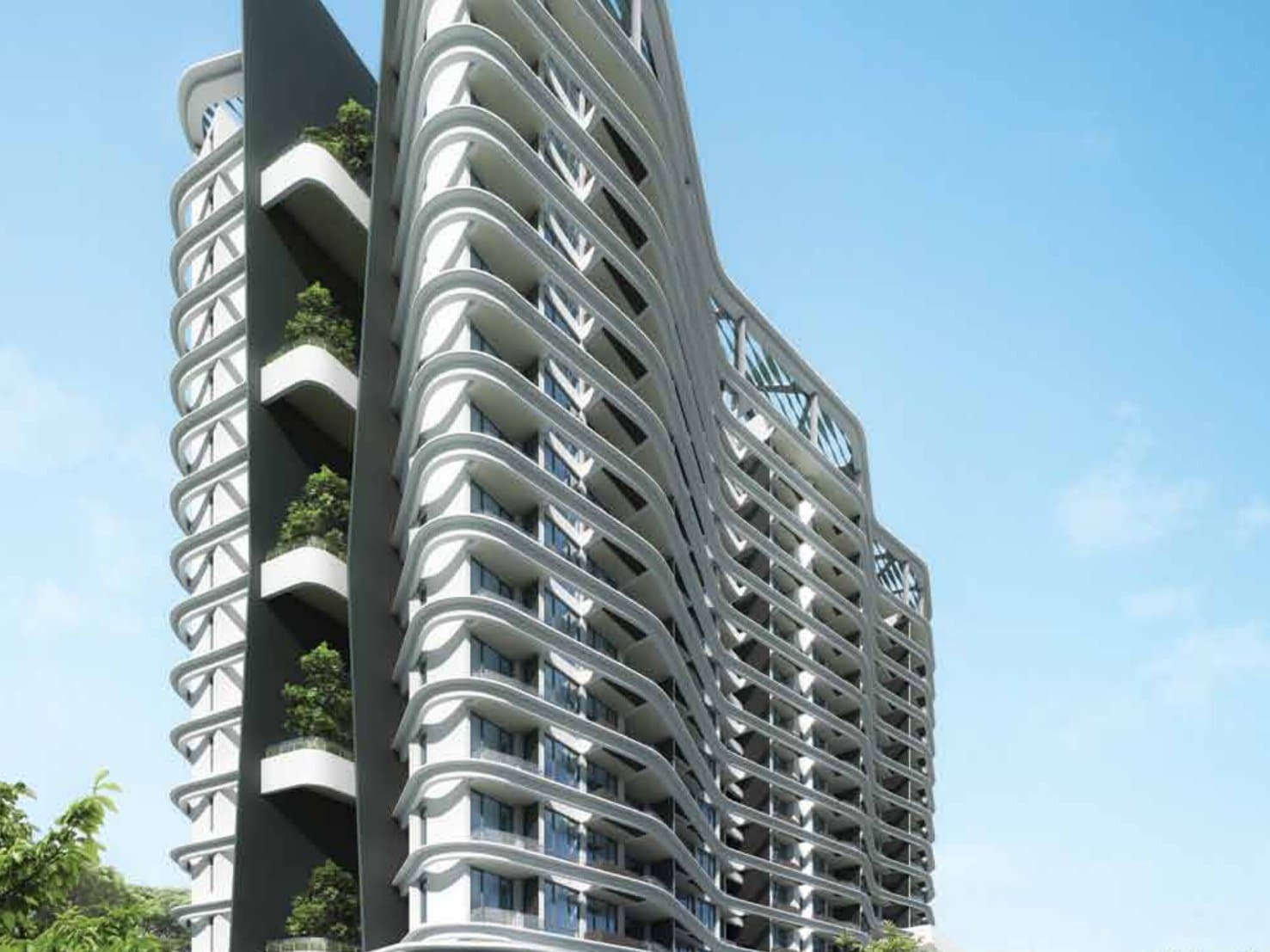 Sky Green: a curving white tower with stacked balconies and sky gardens on MacPherson Road