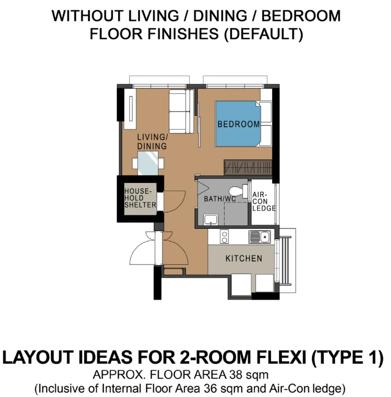 HDB floor plan of a 2-room Flexi (Type 1) flat at Sky Vista @ Bukit Batok, about 38 sqm