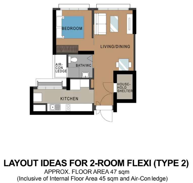 HDB floor plan of a 2-room Flexi (Type 2) flat at Sky Vista @ Bukit Batok, about 47 sqm
