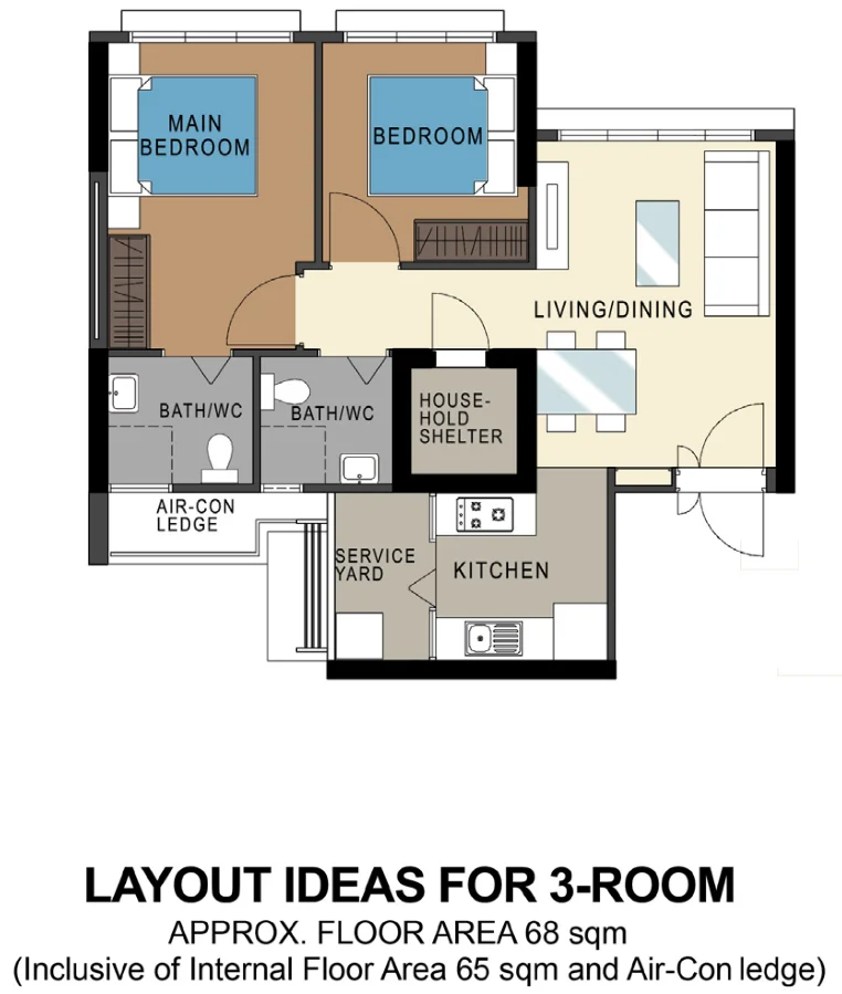 HDB floor plan of a 3-room flat at Sky Vista @ Bukit Batok, about 68 sqm