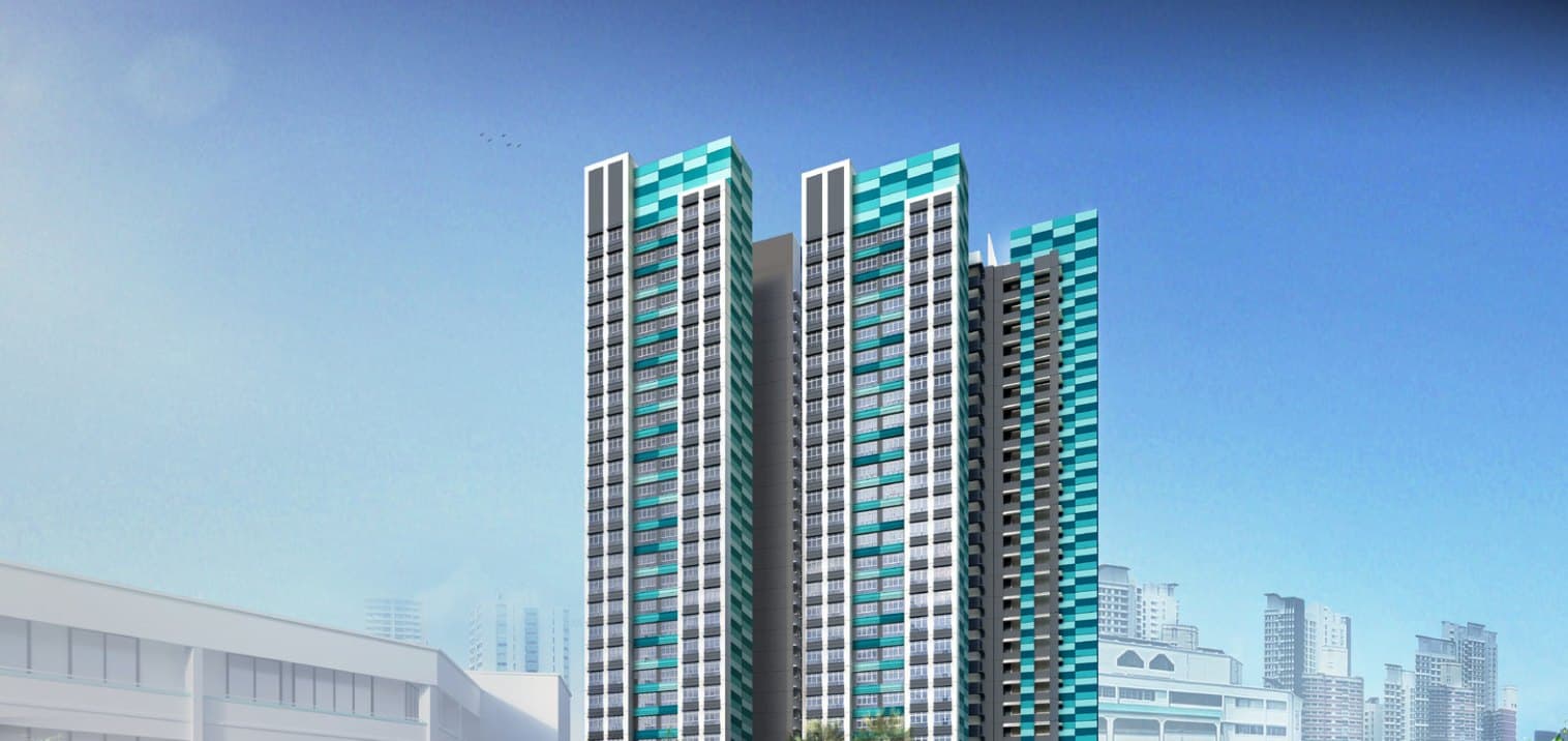 Artist’s impression of Sky Vista @ Bukit Batok: two slim white, grey and teal HDB towers of up to 28 storeys against a blue sky