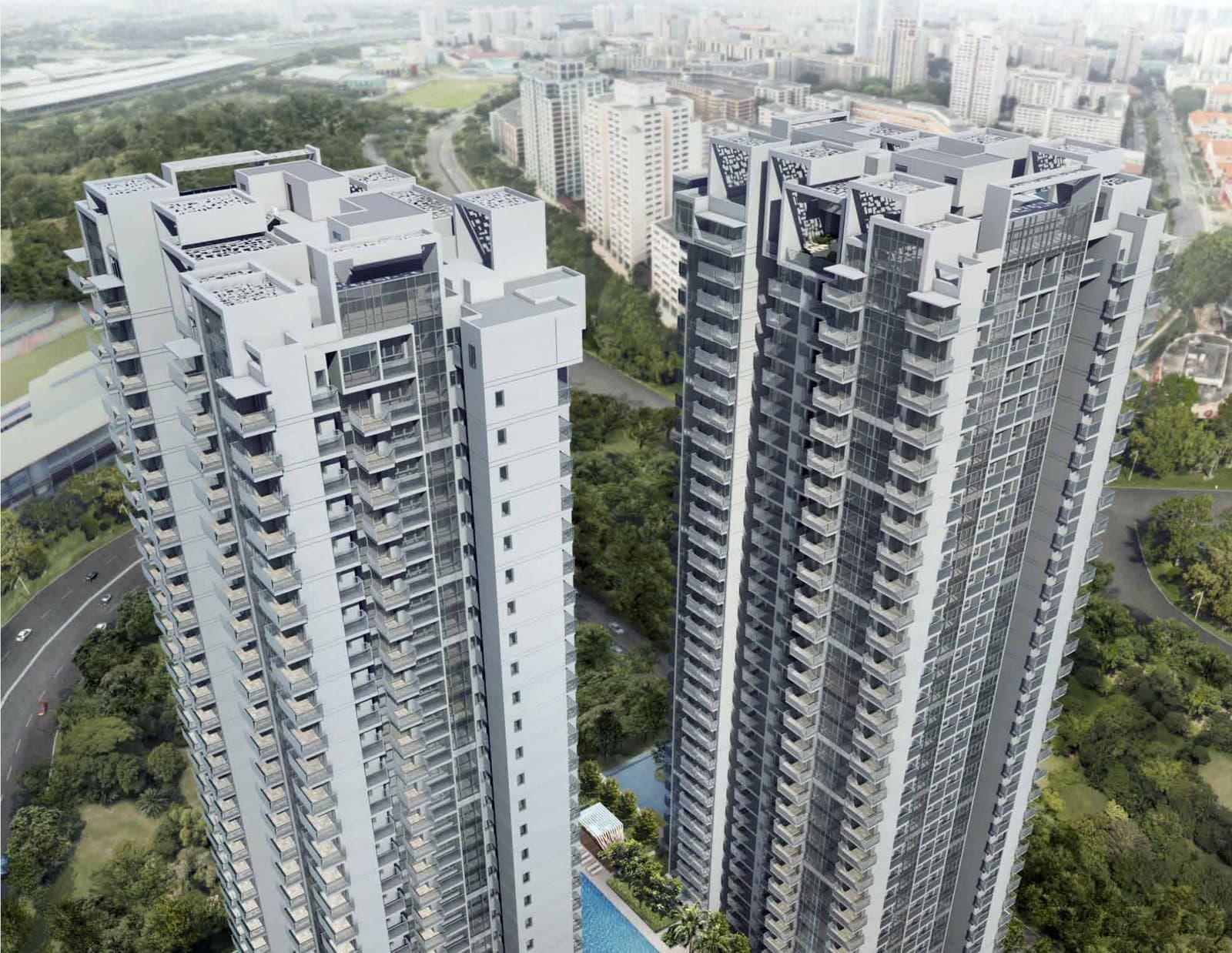Artist's impression of Sky Vue: two towers over the pool deck in Bishan