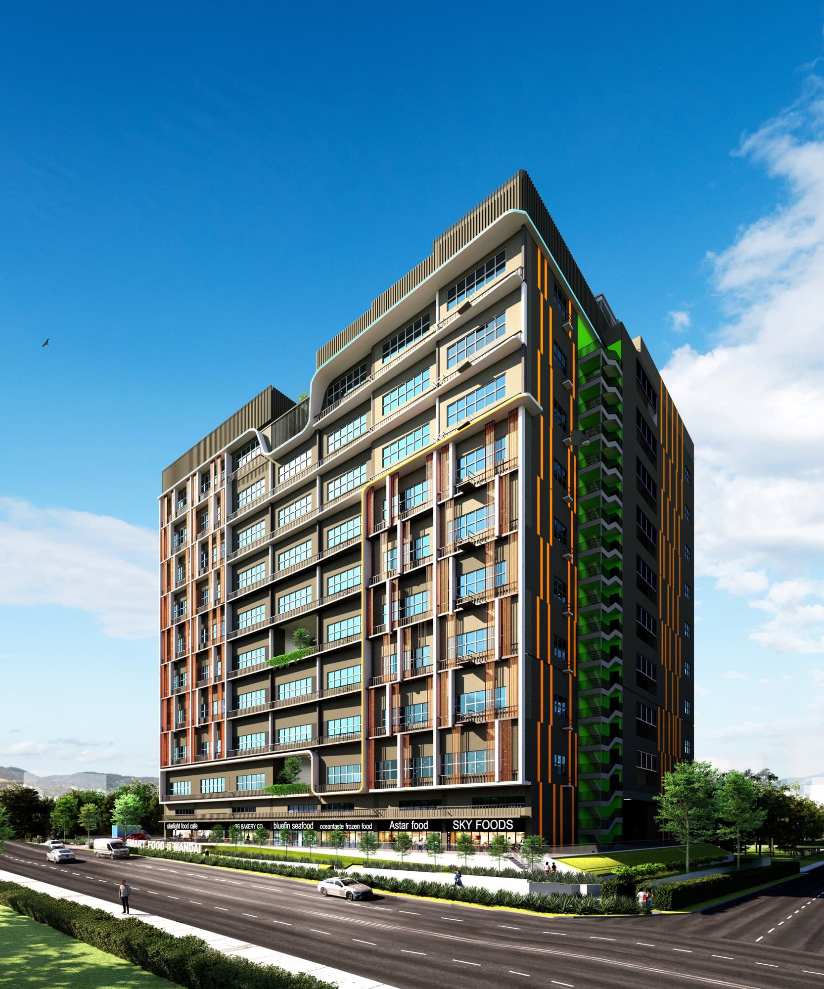 Artist's impression of Smart Food @ Mandai, a ten-storey food factory with copper and green fins and shopfronts along Mandai Estate