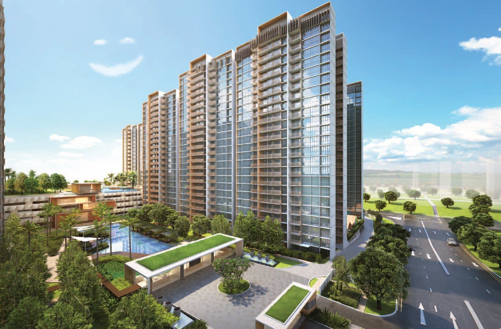 Artist's impression of Sol Acres from Choa Chu Kang Grove: the arrival court and pool in front of a row of blocks up to 25 storeys