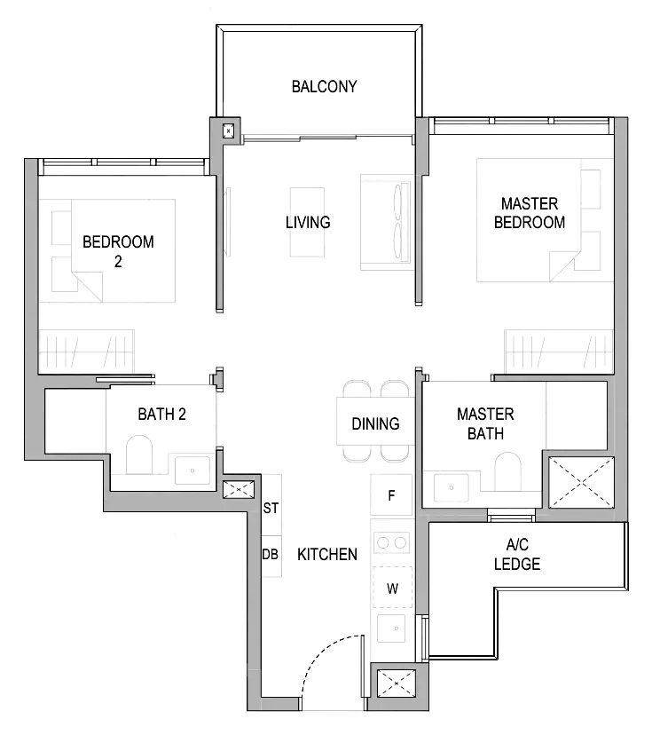 Floor plan of Sora type B1, 2-Bedroom Deluxe, 646 sq ft