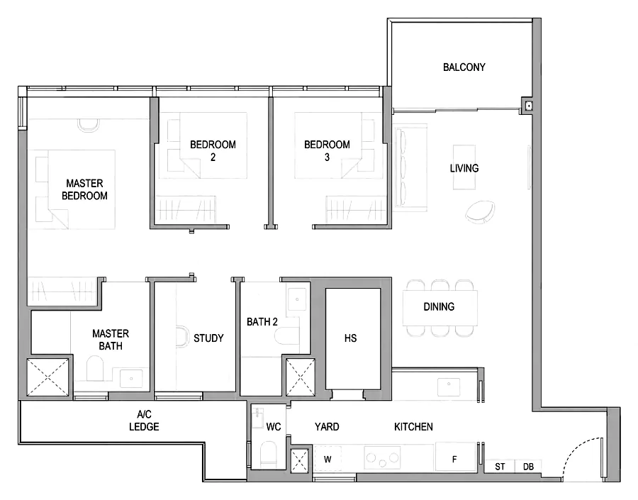 Floor plan of Sora type C3S, 3-Bedroom Premium + Study, 1,152 sq ft