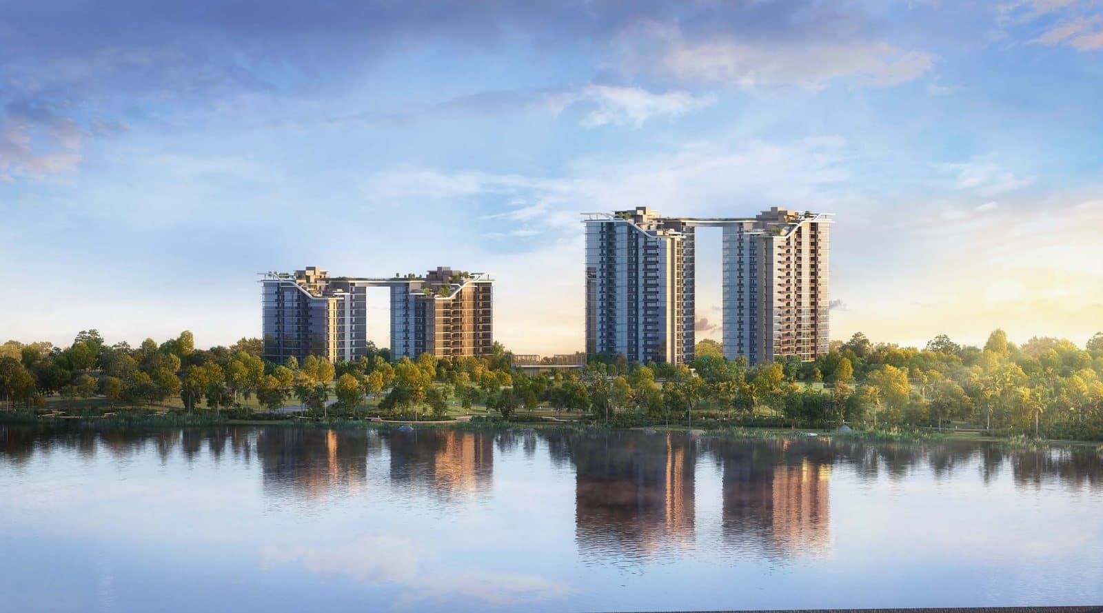 Artist's impression of the four Sora towers and their linked roof gardens, seen across Jurong Lake