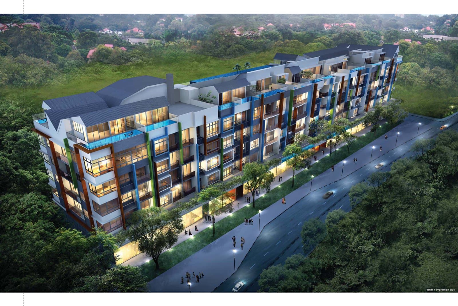 Space @ Kovan at dusk: a long five-storey block with attic roofs above shops along Yio Chu Kang Road