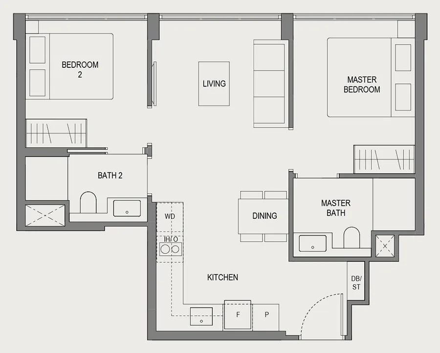 Floor plan of Springleaf Residence type BC1, 2 Bedroom @ Conserved Building, 592 sq ft