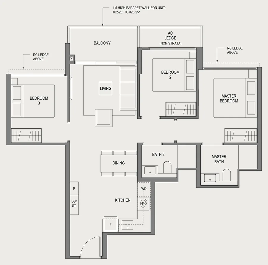 Floor plan of Springleaf Residence type C1, 3 Bedroom (Basic), 786 sq ft