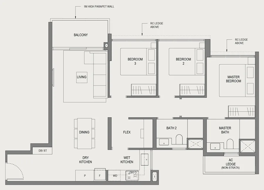 Floor plan of Springleaf Residence type C5, 3 Bedroom (Standard), 926 sq ft