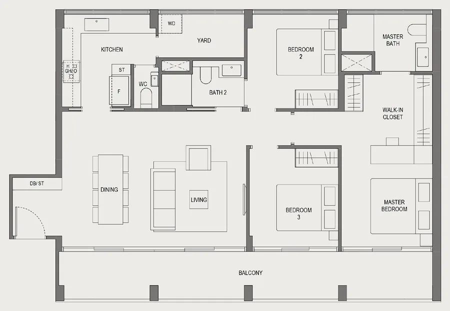 Floor plan of Springleaf Residence type CC2, 3 Bedroom @ Conserved Building with Balcony/PES, 1,259 sq ft