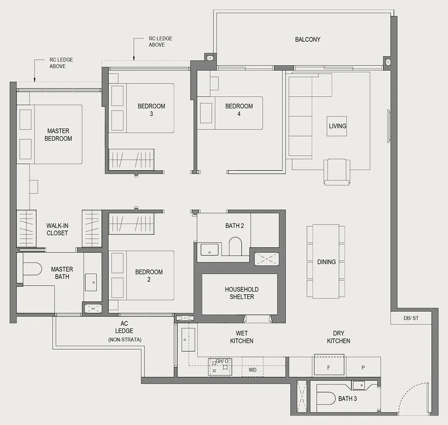 Floor plan of Springleaf Residence type D1, 4 Bedroom, 1,227 sq ft