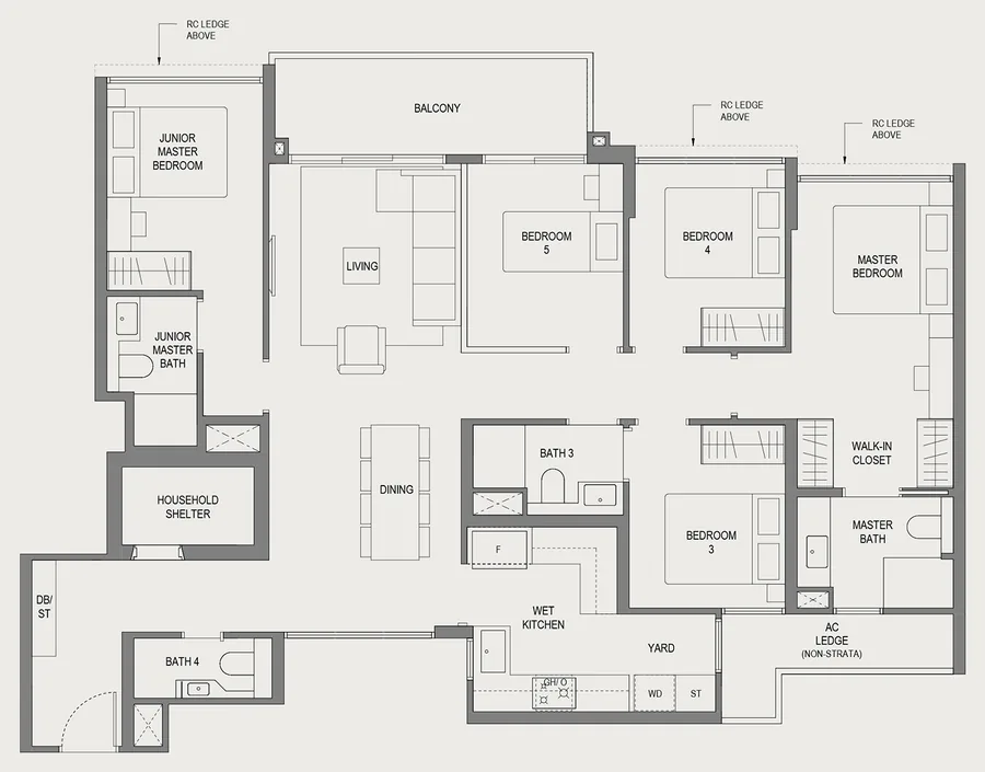 Floor plan of Springleaf Residence type E1, 5 Bedroom, 1,453 sq ft
