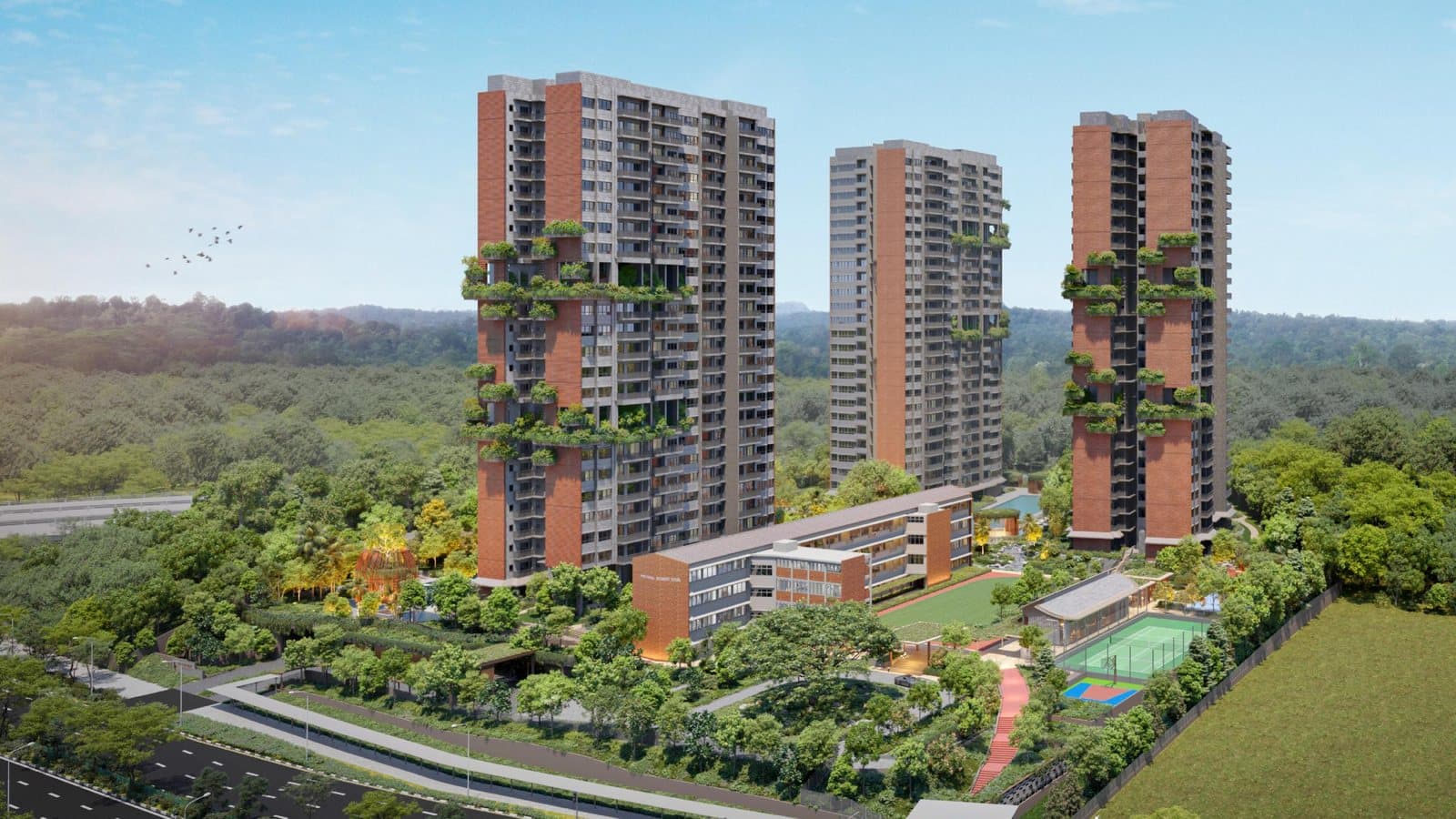 Artist's impression of Springleaf Residence from the air: the 25-storey towers and the conserved school building, with Springleaf Forest behind