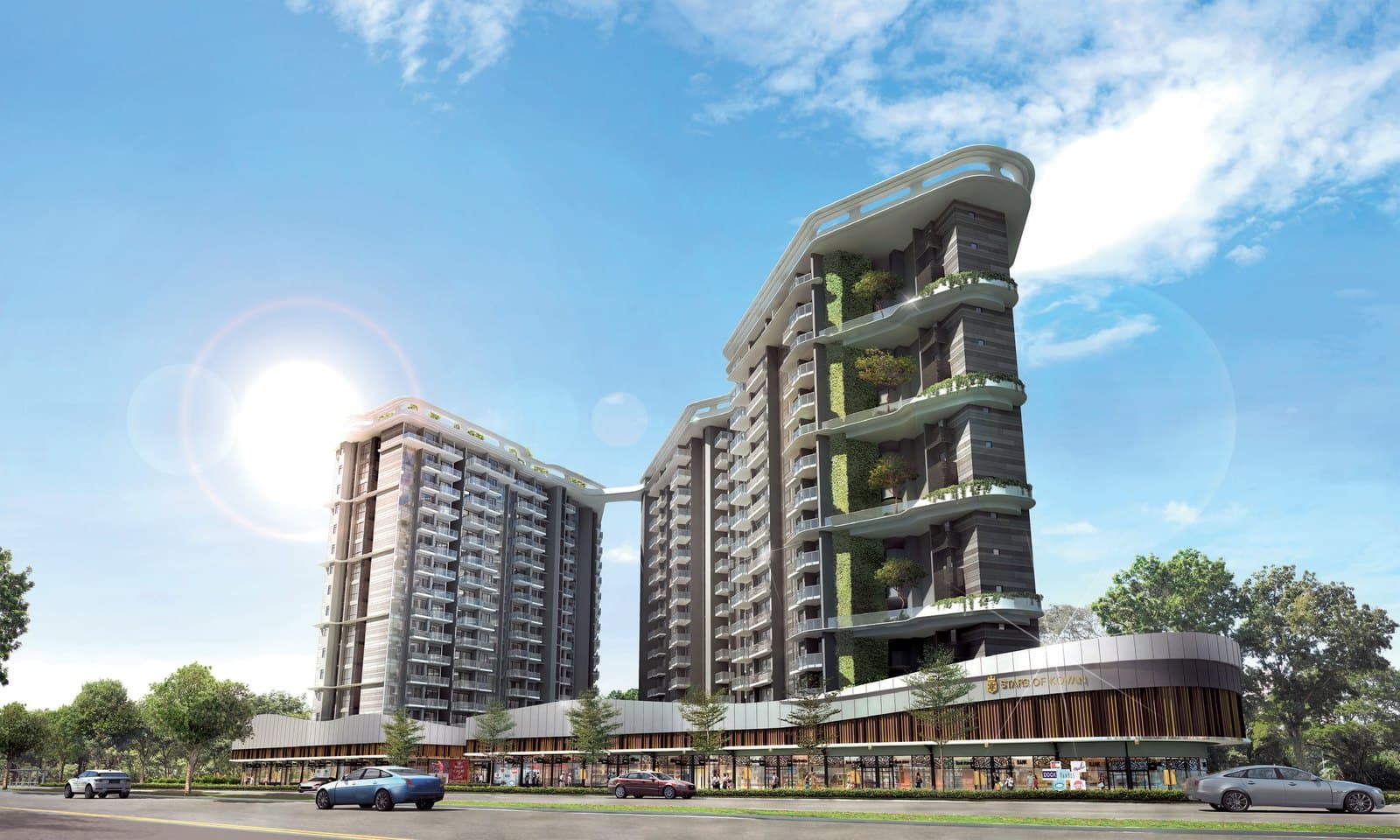Artist's impression of Stars Of Kovan from the road: two of its 17-storey towers, joined by a sky bridge at the roof, above the curved row of shops