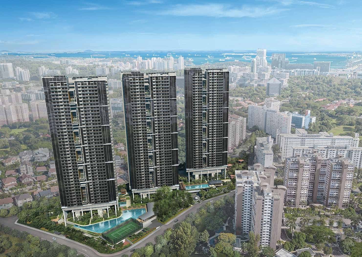 Artist's impression of the three towers of Stirling Residences from the air, 38 to 40 storeys, with the lap pool and tennis court at their foot and the sea beyond