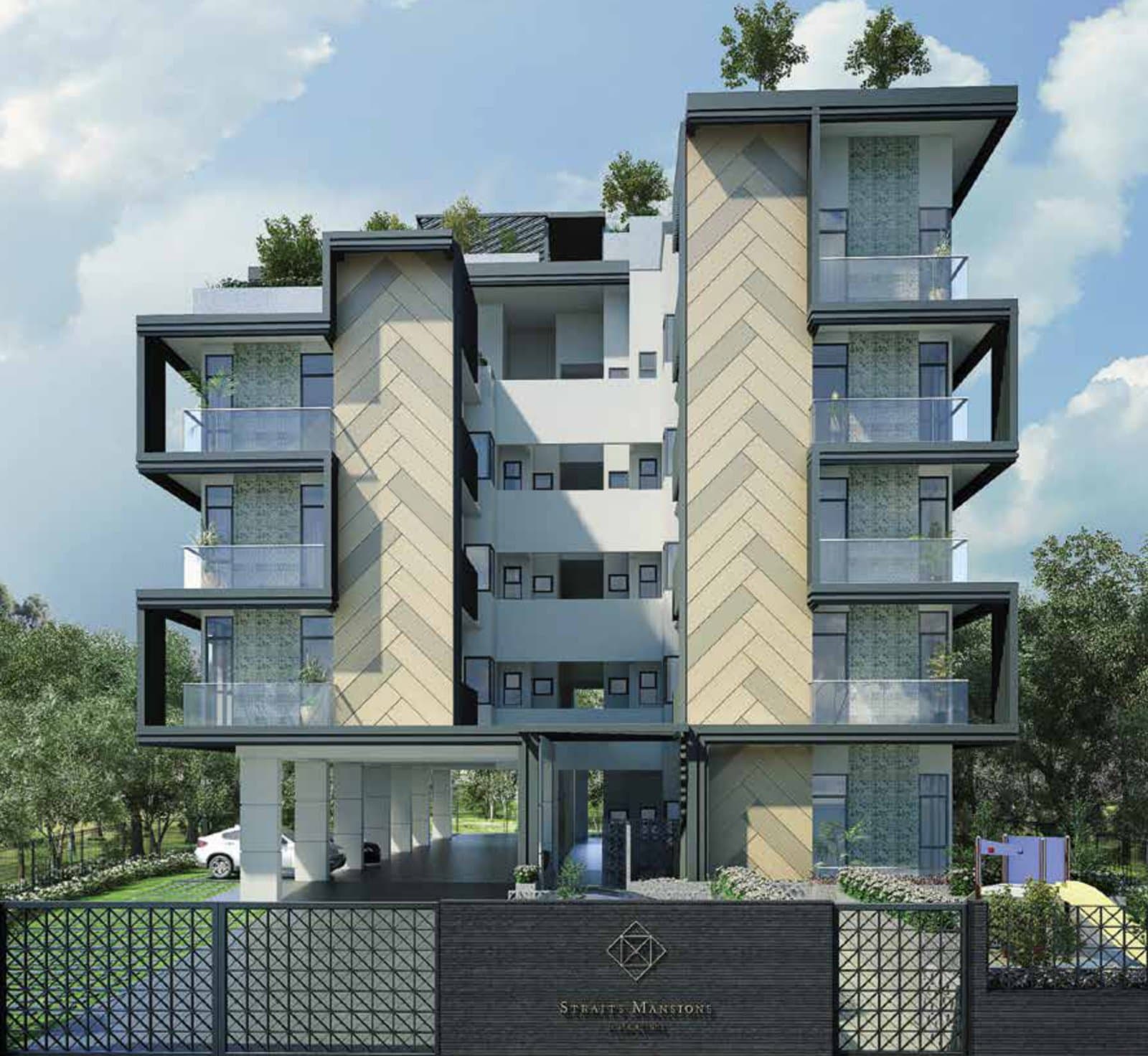 Straits Mansions: the 5-storey block seen from Sea Avenue, two wings with herringbone panels either side of the central corridor