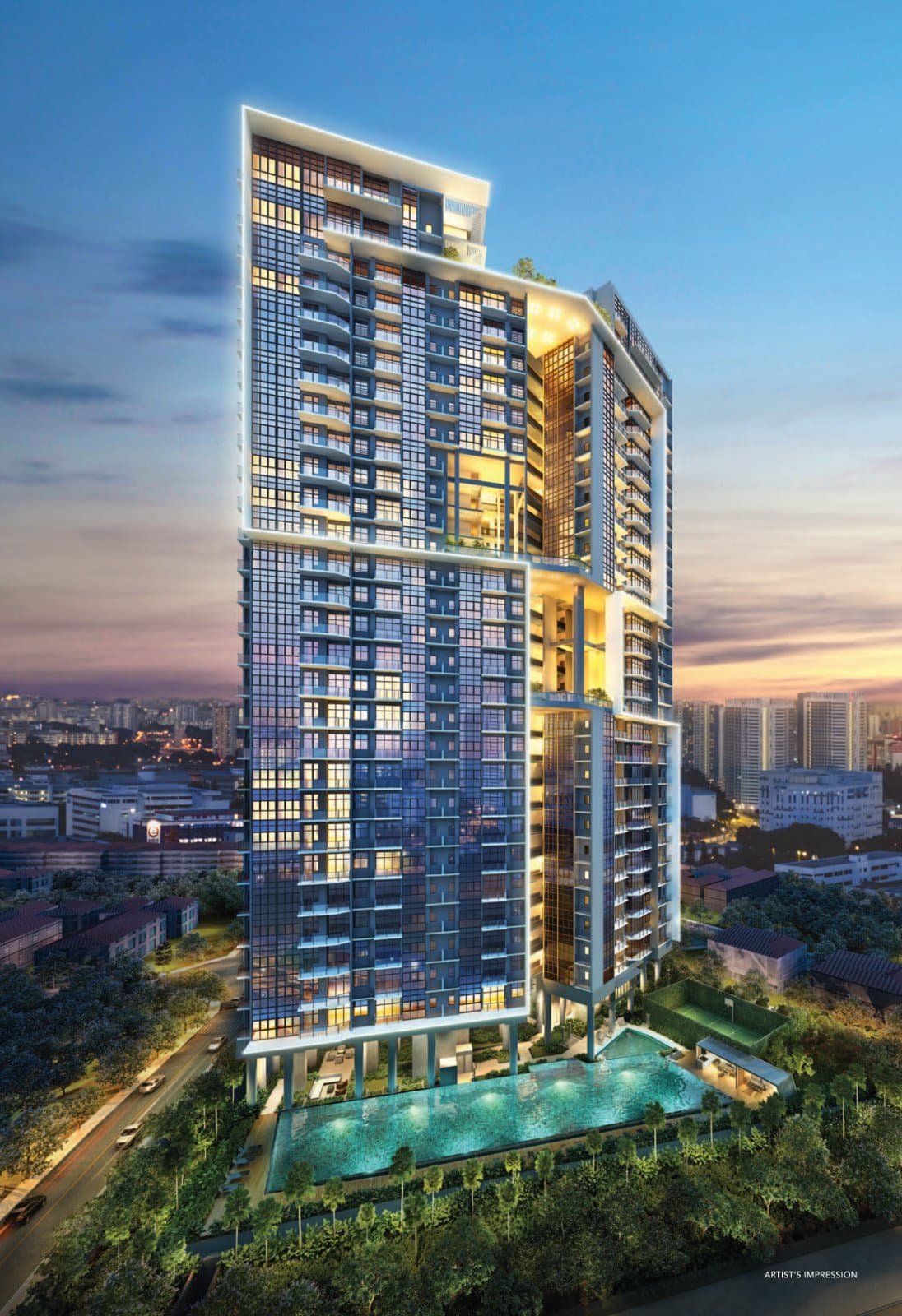 Sturdee Residences: the 30-storey towers above the pool at dusk