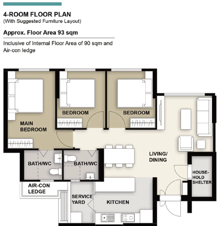 HDB floor plan of a 4-room flat at Sun Plaza Spring, about 93 sqm