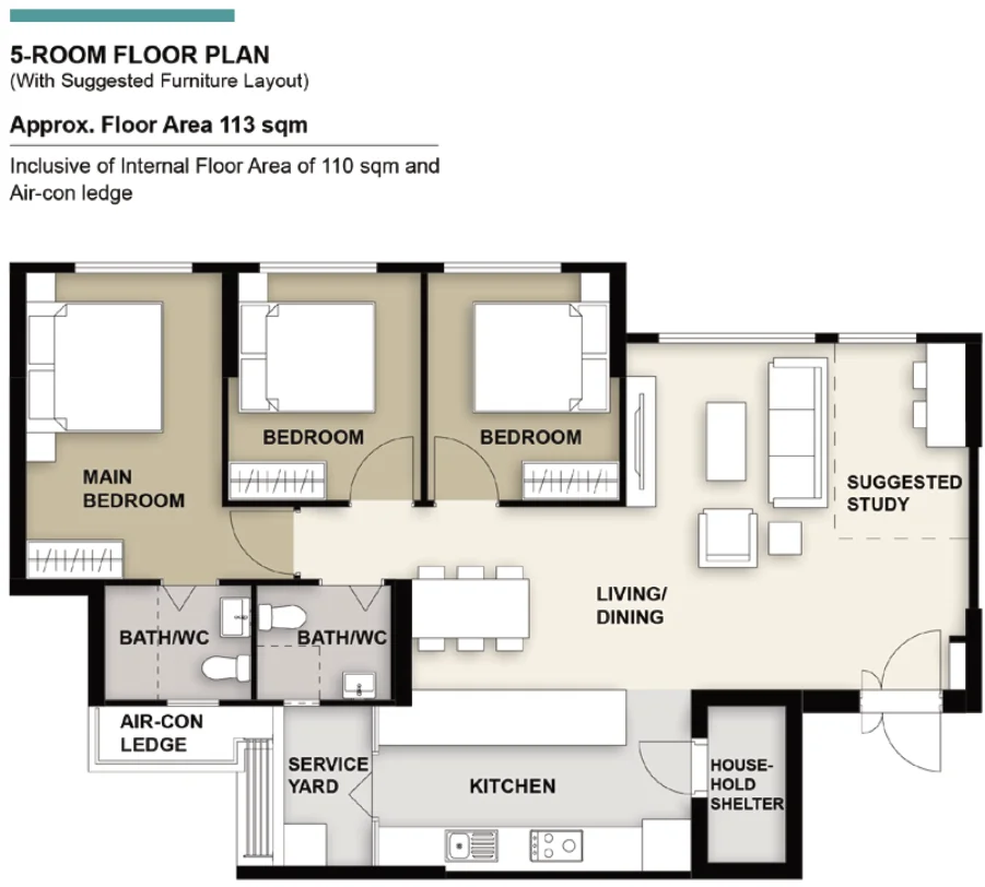 HDB floor plan of a 5-room flat at Sun Plaza Spring, about 113 sqm