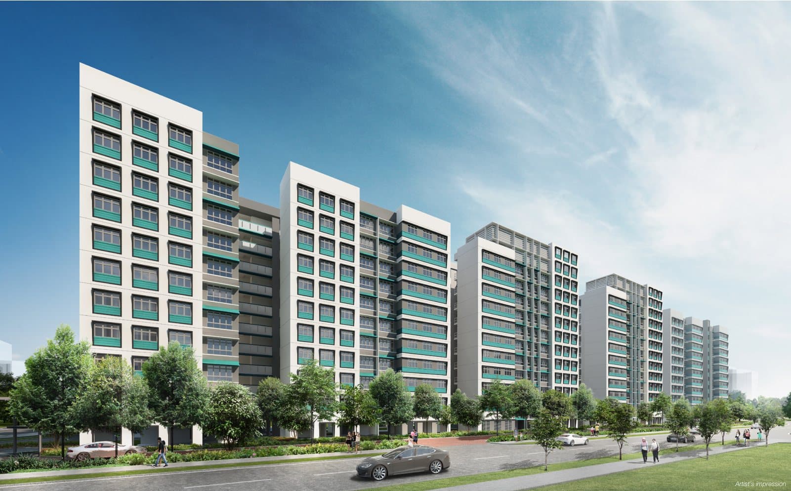 Artist’s impression of Sun Plaza Spring: three 11-storey white HDB blocks with green trims behind the trees along the road