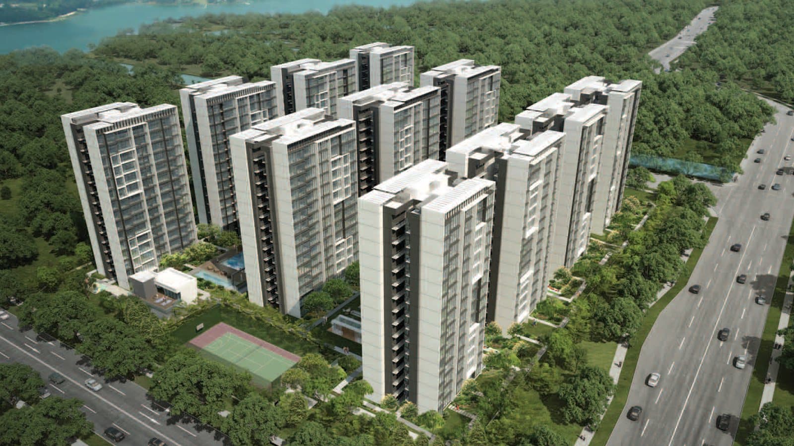 Artist's impression of Symphony Suites: the eleven 15-storey blocks seen from the air