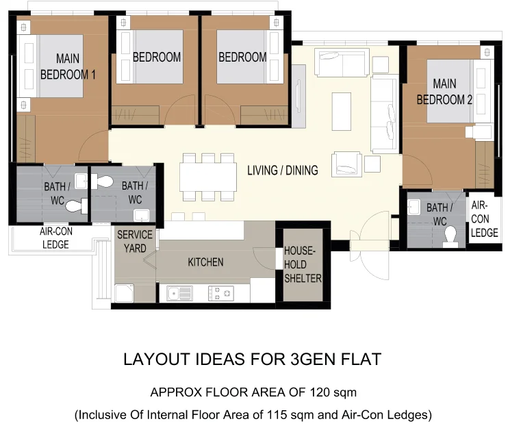 HDB floor plan of a 3Gen flat at Tampines GreenBloom, about 120 sqm
