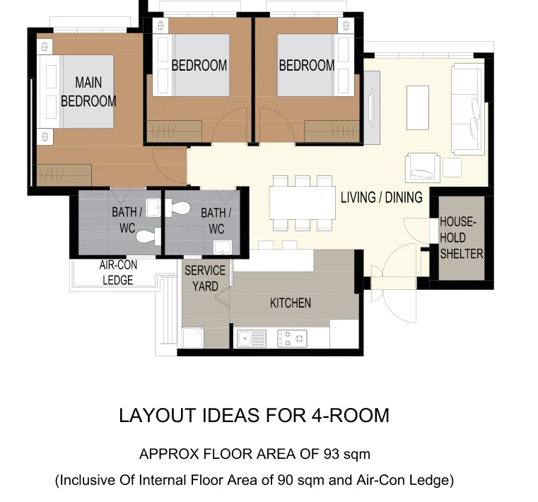 HDB floor plan of a 4-room flat at Tampines GreenBloom, about 93 sqm