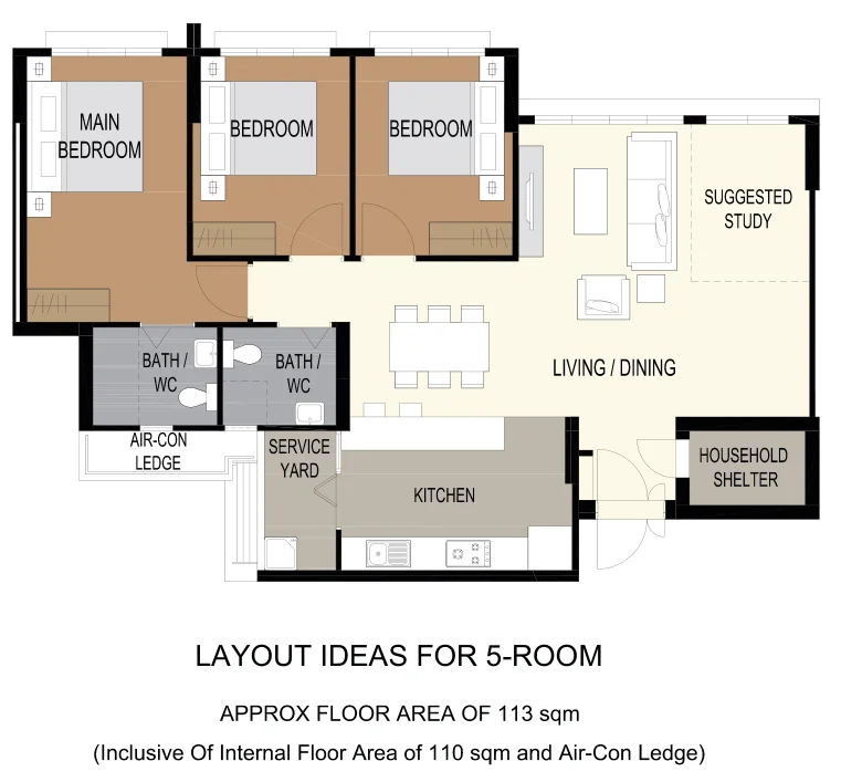 HDB floor plan of a 5-room flat at Tampines GreenBloom, about 113 sqm