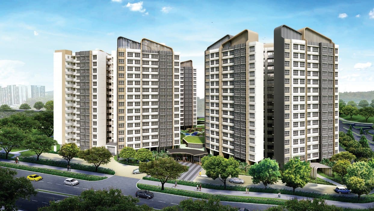 Artist’s impression of Tampines GreenBloom: three white and grey HDB blocks of 15 storeys with bronze roof frames, behind trees along Tampines Avenue 8