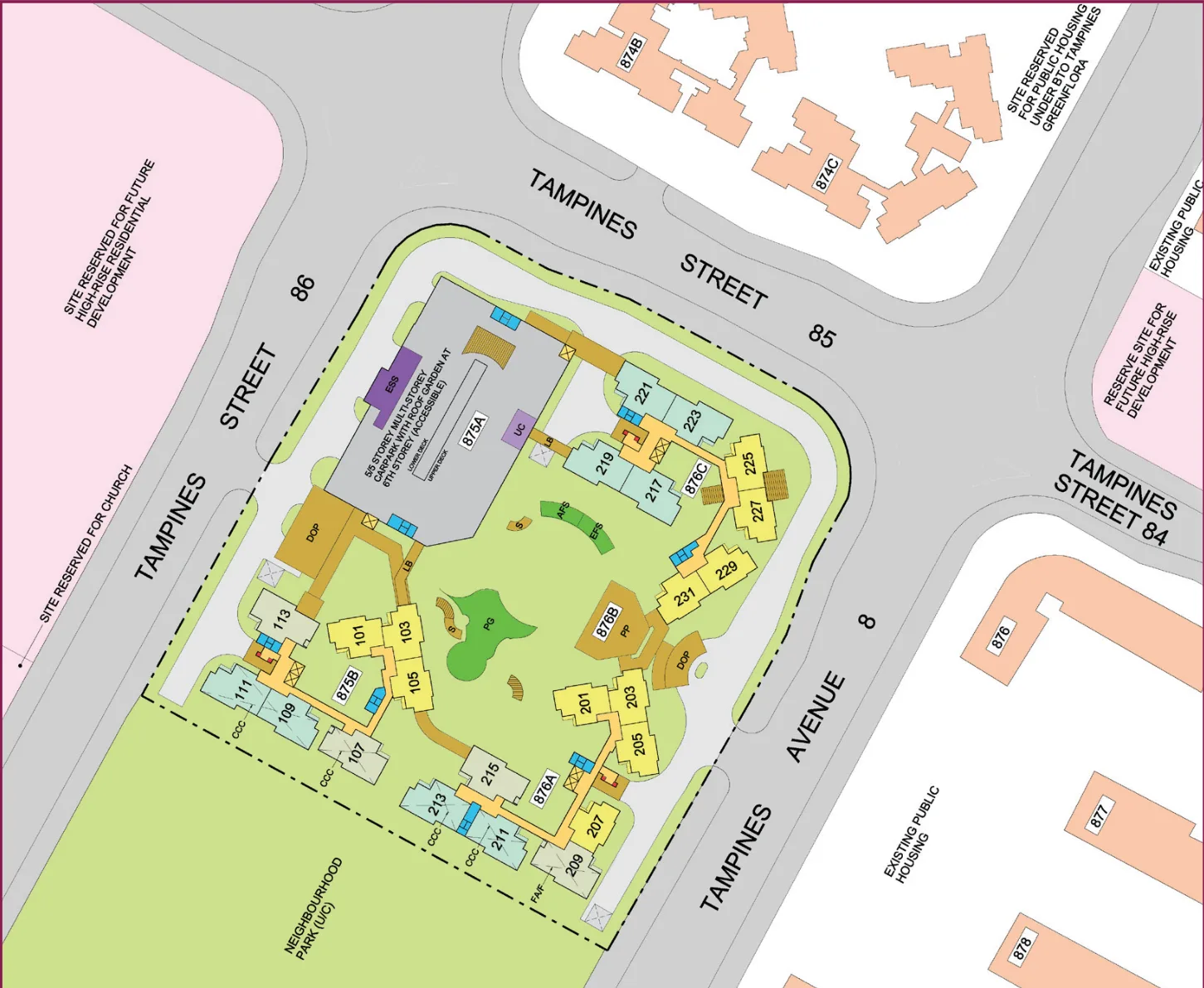HDB site plan of Tampines GreenBloom, blocks 875B, 876A and 876C